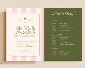 Bachelorette Party Invitation Itinerary Template Editable Bikinis & Martinis Canva Printable Bach Weekend Invite Bridal Shower Hen Cocktail