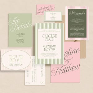 Sage Green Pink Garden Party Stripes Wedding Invitation Suite Template Minimalist Summer Wedding Destination Preppy Italian Beach Spring