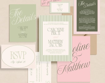 Sage Green Pink Garden Party Stripes Wedding Invitation Suite Template Minimalist Summer Wedding Destination Preppy Italian Beach Spring