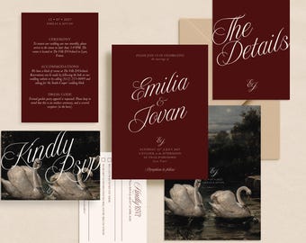 Burgundy Wedding Invitation Suite Old Money Vintage Swans Stationery Bundle Canva Editable Printable Card Templates Oil Painting Invite Set