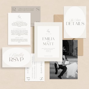 May include: A wedding stationery suite featuring white cards with thin vertical grey stripes, black serif typography, and a black and white photograph of a couple. The set includes an invitation for Emilia and Matt, RSVP cards, and a details card.