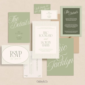 Wedding Invitation Template Bundle Editable Canva Suite Printable Garden Party Digital Invite Sage Green Stationery Elegant Whimsical Stripe