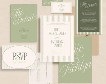 Wedding Invitation Template Bundle Editable Canva Suite Printable Garden Party Digital Invite Sage Green Stationery Elegant Whimsical Stripe
