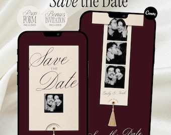Save the Date Website Template Burgundy Ivory Animated Photo Strip Reveal Old Money Photostrip Digital Invitation Silk Tassel Canva Invite