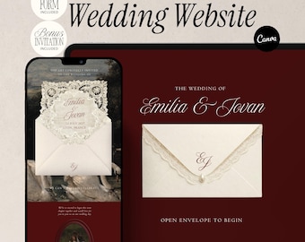 Burgundy Wedding Website Template with RSVP Vintage Swans Canva Editable Invitation Oil Painting Animated Lace Envelope Classic Romance Site
