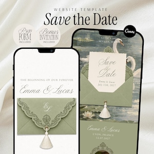 Puede incluir: Una plantilla de sitio web Save the Date mostrada en dos teléfonos inteligentes. El diseño presenta sobres de color verde salvia con solapas decorativas ornamentadas, borlas blancas e imágenes de cisnes. El texto incluye "Save the Date", "Emma & Lucas", "RSVP FORM INCLUDED" y "BONUS INVITATION INCLUDED".