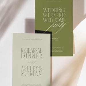 Botanical Green Invitation Design Wedding Template Collection Rehearsal Dinner Card Printable Canva Editable Format Digital Download Welcome Party Stationery Custom Bridal Weekend Event Garden Theme Elegant Typography Olive Cream Colors