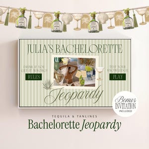 May include: A bachelorette party game sign titled Julia's Bachelorette Jeopardy with a striped background, featuring a central photo collage, rules, and play buttons. Above, a decorative garland displays tequila bottles, seashells, and palm tree arches.