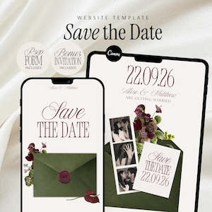Olijfgroen bordeauxrood digitaal save-the-datesjabloon: minimalistische doe-het-zelf-trouwwebsite (digitale download)
