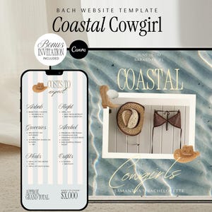 Bachelorette Website Template Coastal Cowgirl Editable Bachelorette Invitation Cowboy Beach Party Bach Itinerary Girls Trip Planner (Canva)