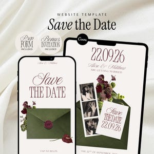 May include: A website template for a wedding save the date announcement. The design features two smartphones displaying the announcement. The text "Save the Date" is prominently displayed. The date is September 22, 2026. Includes RSVP form and bonus invitation.