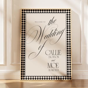 結婚式ウェルカムサイン　オールドマネーチェックボーダー印刷可能テンプレート　即時ダウンロード編集可能　挙式入場　ゲストお出迎え　披露宴サイン