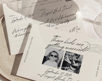 Puede incluir: Dos tarjetas Save the Date de color crema con texto negro y dos fotos de infancia en blanco y negro. Las tarjetas incluyen el texto These kids are getting married, September 12, 2027, in Newport, Rhode Island, e Invitation to follow.