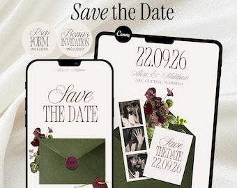 Olive Green Burgundy Save the Date Invitation RSVP Form Old Money Website Template Modern Minimalist Wedding Design Elegant Digital Invite
