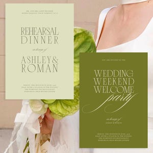 Wedding Weekend Event Invitation Template Green Botanical Design Rehearsal Dinner Card Printable Canva Editable Format Digital Download Welcome Party Invite Custom Bridal Stationery Garden Theme Elegant Typography Olive Cream Colors Instant
