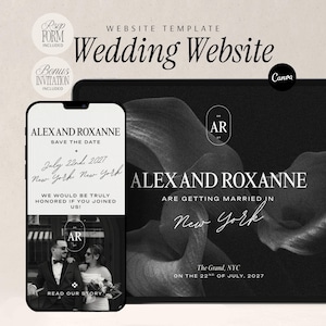 Wedding Website Template Canva Digital Design Black White Minimalist Modern Luxe Elegant Clean Classy Customizable Mobile Responsive Instant Download Save Date Card Included PDF Delivery Complete Instruction Guide DIY Wedding Planning