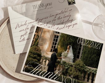 Plantilla de tarjeta de agradecimiento de boda estilo postal vintage, editable en Canva, imprimible, estilo antiguo, descarga digital, personalizable, minimalista y elegante.