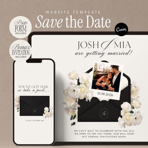 Könnte beinhalten: Eine digitale Save the Date Website-Vorlage auf einem Tablet und Smartphone. Das Design zeigt weiße Rosen, eine schwarze Umschlag-Grafik und ein Foto eines Paares mit dem Text Josh and Mia are getting married und 11.08.2026.