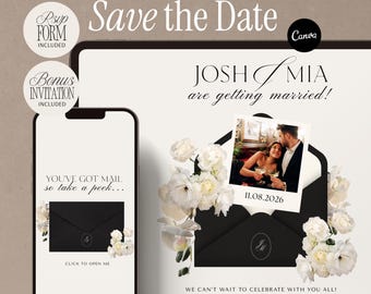 Digital Save the Date Template Canva Editable Wedding Invitation Website Black Envelope White Florals Elegant Minimalist Classic Invite