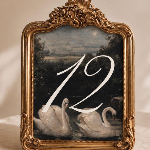 Wedding Table Numbers Vintage Swans Painting Oil Classic Romance Artsy Script Editable Romantic Old Money Template Printable Reception Card
