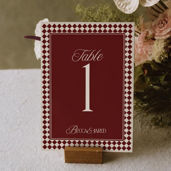 Wedding Table Number Card Template Digital Download Burgundy Checkered Vintage Pattern Old Money Checkers Romantic Reception Seating