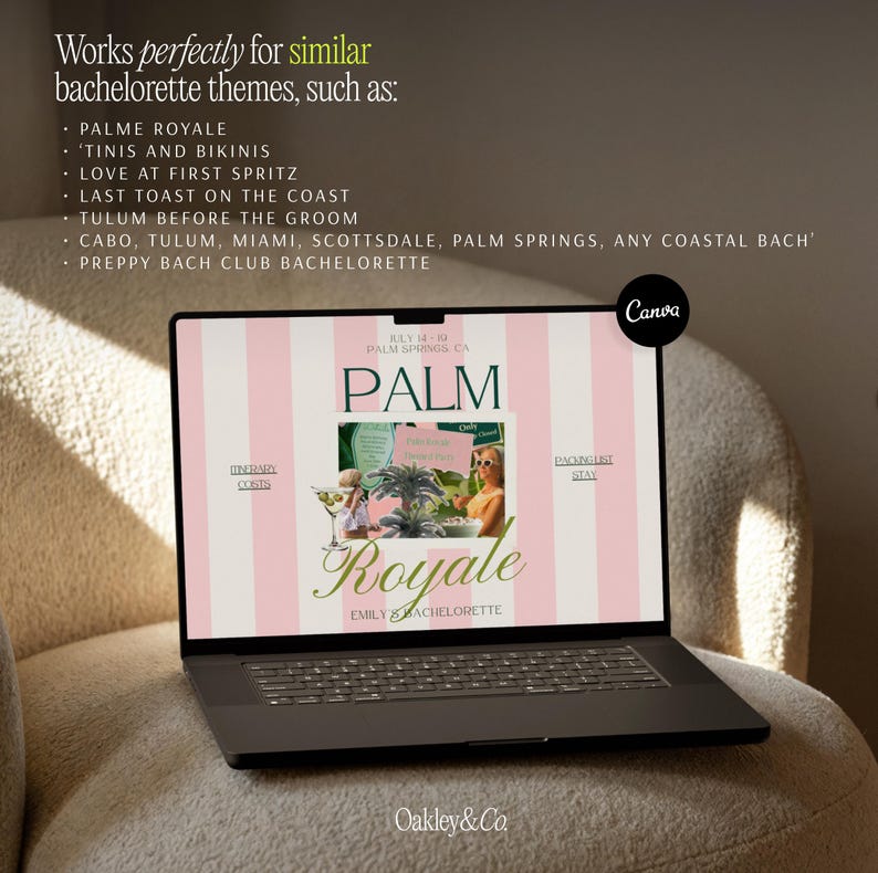 Preppy Bachelorette Website Canva Template Pink Green Bikini Martini Theme Digital Download Editable Planning Pages Itinerary Schedule Organizer Packing List Guide Accommodation Section Attendees Block Tracker Outfit Inspiration Board Costs