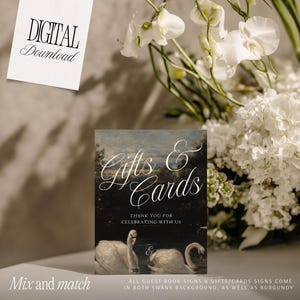 Customizable Wedding Sign Collection Burgundy Guest Book Template Editable Gifts Cards Display Set Swans Oil Painting Design Digital Download Printable Reception Signage Romantic Vintage Style Canva Template Classic Elegant Script