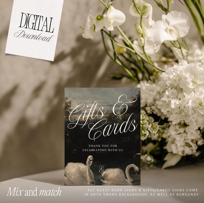 Customizable Wedding Sign Collection Burgundy Guest Book Template Editable Gifts Cards Display Set Swans Oil Painting Design Digital Download Printable Reception Signage Romantic Vintage Style Canva Template Classic Elegant Script