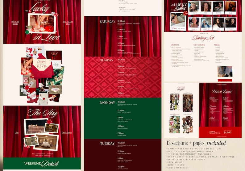 Vegas Casino Bachelorette Party Website Template Canva Invitation Design Digital Printable Bridal Shower Card Editable Red Curtain Backdrop Script Typography Dice Playing Cards Photo Placeholders Online Event Webpage Planning Itinerary Hen