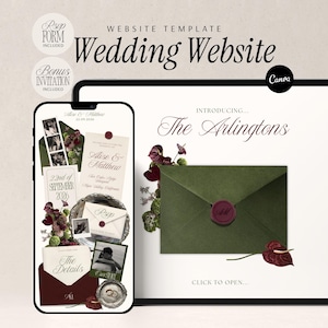 Wedding Website Template Olive Green Burgundy Invitation Digital RSVP Editable Ceremony Site Couple Details Modern Announcement
