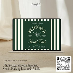 Canva Bachelorette Template Digital Website Design Bach Party Weekend Planner Preppy Green Country Club Theme Complete Organizer Tool Matching Invitation Template Itinerary Coordinator Packing List Guide Golf Winery Hiking Shopping Activity