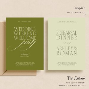 Pode incluir: Dois cart&otilde;es de convite de casamento. Um &eacute; verde-oliva com o texto "Wedding Weekend Welcome Party". O outro &eacute; verde claro com "Rehearsal Dinner". Ambos os cart&otilde;es incluem nomes e detalhes do evento. Os cart&otilde;es medem 12,7 x 17,8 cm.