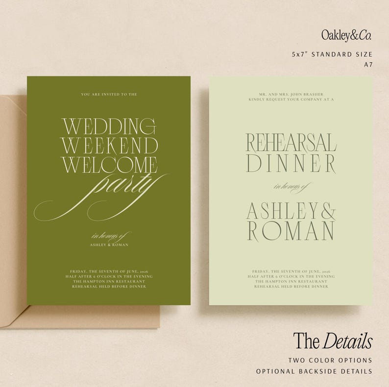 Pode incluir: Dois cart&otilde;es de convite de casamento. Um &eacute; verde-oliva com o texto "Wedding Weekend Welcome Party". O outro &eacute; verde claro com "Rehearsal Dinner". Ambos os cart&otilde;es incluem nomes e detalhes do evento. Os cart&otilde;es medem 12,7 x 17,8 cm.