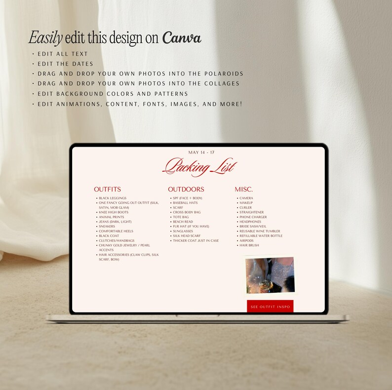 May include: A laptop screen displays a packing list titled "Packing List" with categories for outfits, outdoors, and miscellaneous items. The screen also includes the text "Easily edit this design on Canva."