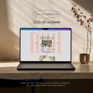 May include: A black laptop displaying a digital design template on a screen with the text "DIGITAL DOWNLOAD", "Easily edit on Canva", and "BIKINIS & Martinis" visible. The screen shows a pink and white striped background with photo placeholders.