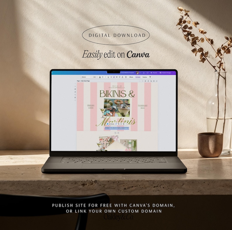 May include: A black laptop displaying a digital design template on a screen with the text "DIGITAL DOWNLOAD", "Easily edit on Canva", and "BIKINIS & Martinis" visible. The screen shows a pink and white striped background with photo placeholders.