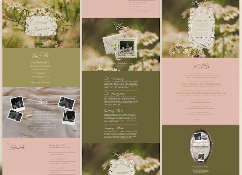 DIY Bride Customizable Wedding Website Template Canva Digital Invitation Suite Editable Package Complete Eleven Pages RSVP Form Online Vintage Wildflower Design Romantic Timeless Classic Elegance Soft Pink Cream Colors Mobile Responsive