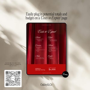 May include: A digital tablet displays a red and white bachelorette party budget titled "Costs to Expect." The tablet includes categories like Airbnb, Flight, Groceries, and Outfits. The approximate grand total is $x,000. A QR code and text invite viewers to see the website.