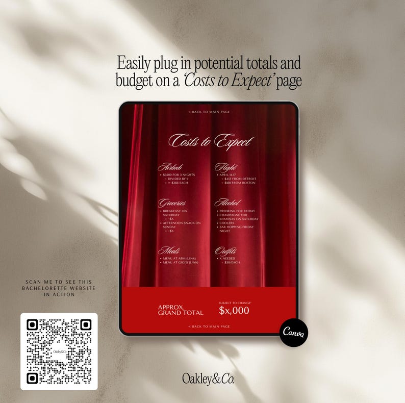 May include: A digital tablet displays a red and white bachelorette party budget titled "Costs to Expect." The tablet includes categories like Airbnb, Flight, Groceries, and Outfits. The approximate grand total is $x,000. A QR code and text invite viewers to see the website.