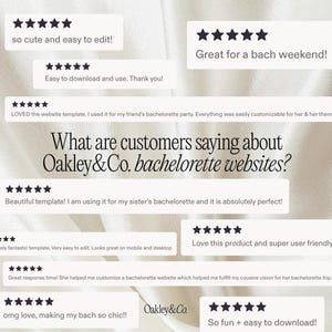 May include: A collection of customer reviews for Oakley&Co. bachelorette websites displayed as white rectangular boxes with five-star ratings. The central text reads: What are customers saying about Oakley&Co. bachelorette websites? The background is a soft, off-white fabric texture.