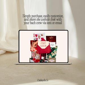 May include: A laptop displays a collage of images, including playing cards, cocktails, and a red envelope with the text "Bridget's BACHELORETTE 14.05.26." The text "Simply purchase, easily customize, and share the website link with your bach crew via text or email" is also visible.