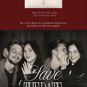 May include: A wedding save the date card featuring a dark red background, a cream envelope with a dark red anthurium flower, and a black and white photo strip of a couple. Text includes 06.14.26, Elizabeth & Kendrick are getting married, and Save the Date.