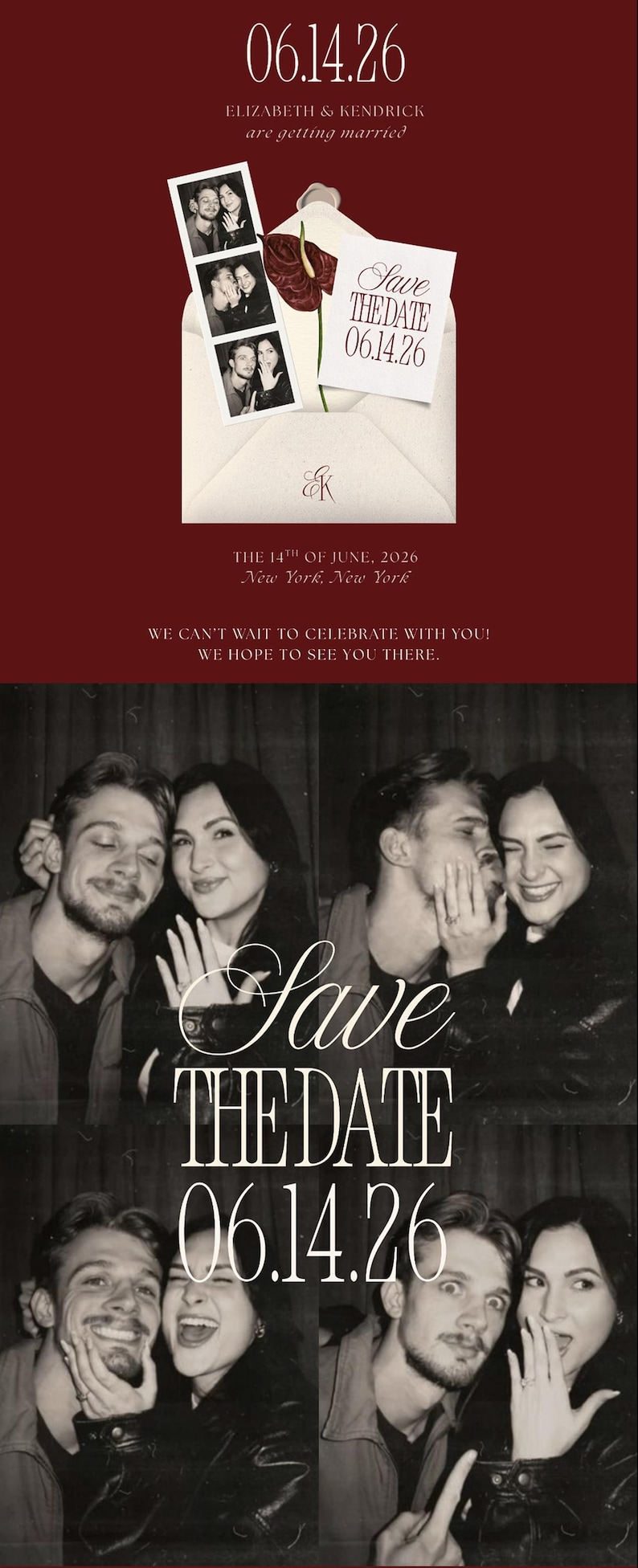 May include: A wedding save the date card featuring a dark red background, a cream envelope with a dark red anthurium flower, and a black and white photo strip of a couple. Text includes 06.14.26, Elizabeth & Kendrick are getting married, and Save the Date.