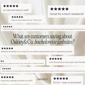 Puede incluir: Gr&aacute;fico con rese&ntilde;as de clientes para sitios web de despedida de soltera de Oakley & Co. Las rese&ntilde;as est&aacute;n en burbujas blancas con calificaciones de estrellas negras. El texto incluye "Great for a bach weekend!"