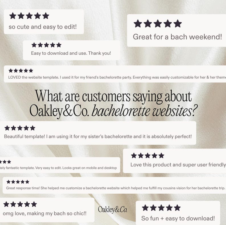 Puede incluir: Gr&aacute;fico con rese&ntilde;as de clientes para sitios web de despedida de soltera de Oakley & Co. Las rese&ntilde;as est&aacute;n en burbujas blancas con calificaciones de estrellas negras. El texto incluye "Great for a bach weekend!"