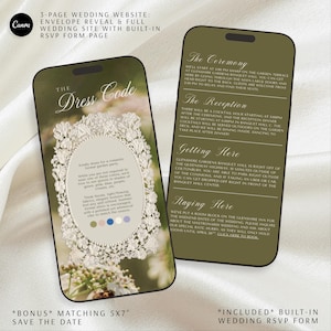Pode incluir: Duas telas de smartphone exibindo um modelo de site de casamento de 3 p&aacute;ginas. A tela esquerda mostra uma p&aacute;gina de c&oacute;digo de vestimenta com uma moldura floral branca e paleta de cores. A tela direita detalha a cerim&ocirc;nia e a recep&ccedil;&atilde;o.