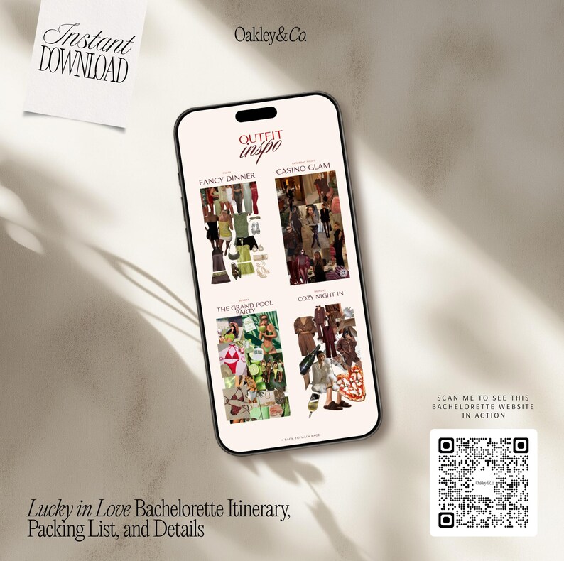 May include: A smartphone displays a bachelorette party itinerary with outfit inspiration for Fancy Dinner, Casino Glam, The Grand Pool Party, and Cozy Night In. The image includes the text "Instant Download" and "Lucky in Love Bachelorette Itinerary, Packing List, and Details."