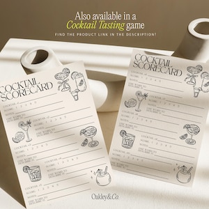 May include: Two off-white paper cocktail scorecards featuring black line art illustrations of various drinks and garnishes. Each card includes sections for cocktail names, numerical scores from 1 to 5, notes, and a space for one descriptive word.