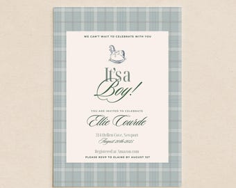 Invitación para baby shower de Old Money: cuadros azules, estilo Ralph Lauren (descarga digital de 5x7)