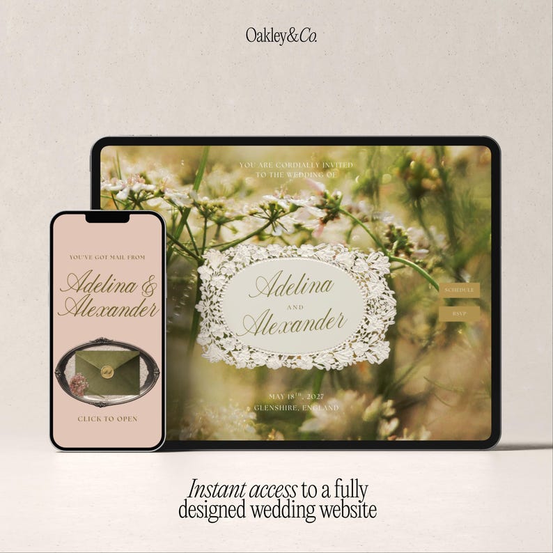 Pode incluir: Um tablet e um smartphone exibindo um design de site de casamento da Oakley & Co. As telas apresentam os nomes Adelina & Alexander, imagens florais e um envelope digital com um selo de cera. O texto inclui You Are Cordially Invited e Click To Open.